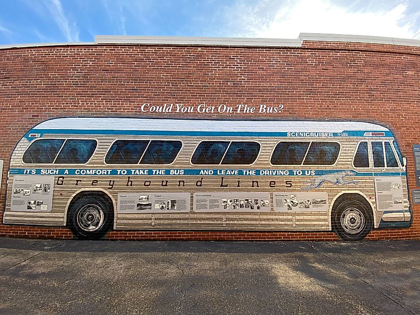 Anniston, Alabama -2023: The Freedom Riders National Monument established by President Obama to preserve and commemorate Freedom Riders during Civil Rights Movement. Managed by National Park Service.
