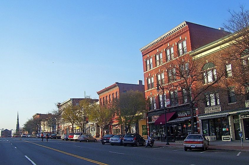 Looking north along Main Street, in Middletown, Connecticut, USA from near CT 66