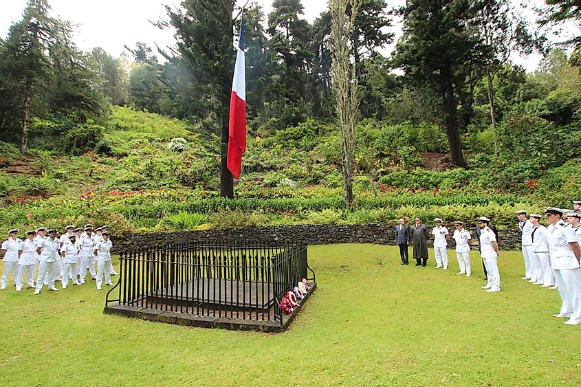 British Navy sailors stand in honor at Napoleon's tomb to commemorate the 200th anniversary of his arrival at Saint Helena. 