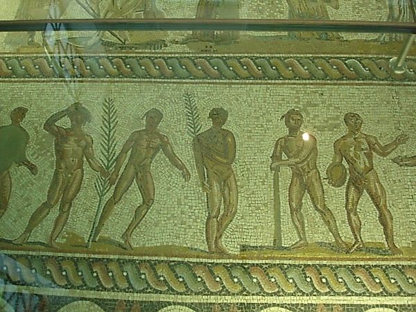 Mosaic floor depicting various athletes wearing wreaths. From the Museum of Olympia.