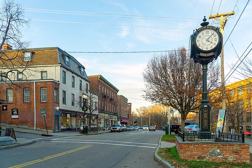 View of the corner of Main Street and South Street in Beacon, New York.