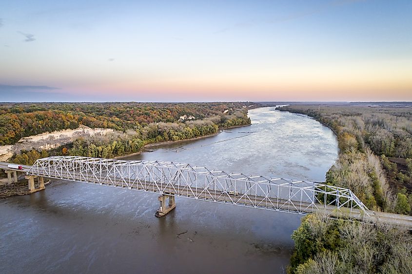 Missouri River bridge and I-70 highway near Rocheport, MO (Taylor's Landing) - aerial view in late October evening