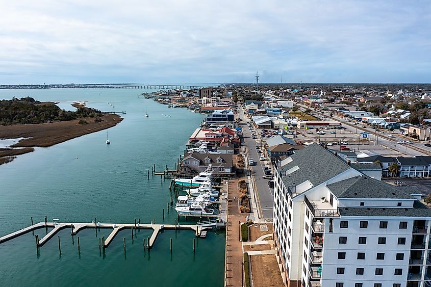Morehead City North Carolina - February 3 2022: Aerial View of the Morehead City North Carolina waterfront looking south