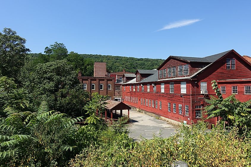 Old red factory building in Collinsville, part of Canton, Connecticut
