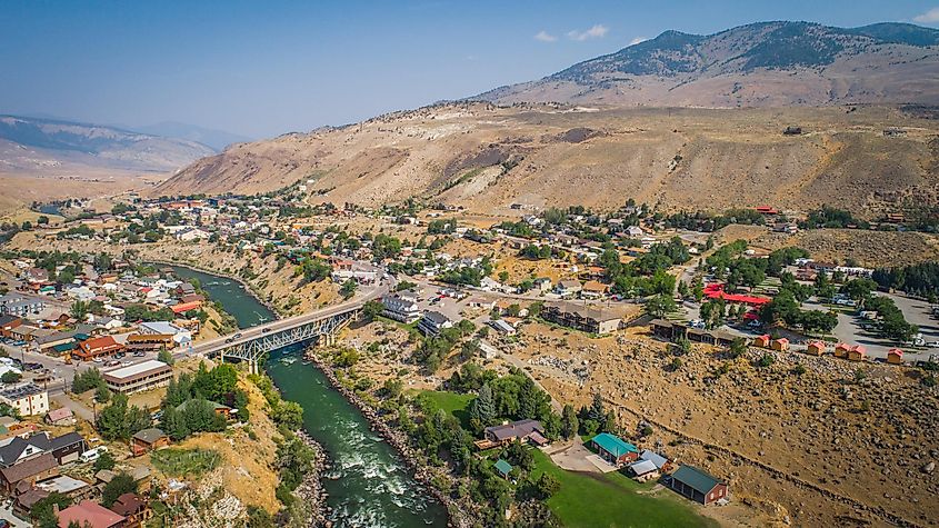 Aerial view of the gorgeous Rocky Mountain town of Gardiner, Montana.