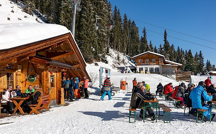 Apres ski on the slopes of winter resort Mayrhofen, Zillertal valley, Austria.