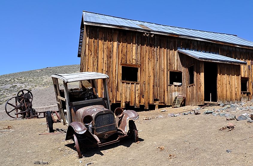 An antique truck and mining building at Berlin ghost town. Berlin Ichthyosaur State Park, Nevada.
