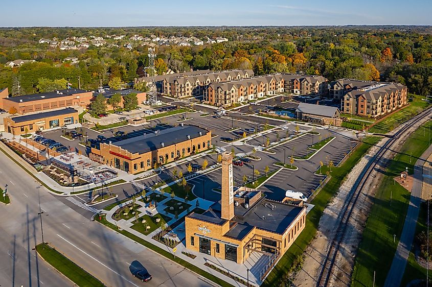 Aerial view of Spur 16 commercial and residential area in Mequon, Wisconsin, USA, including the Mequon Public Market, and St Paul Fish Company.