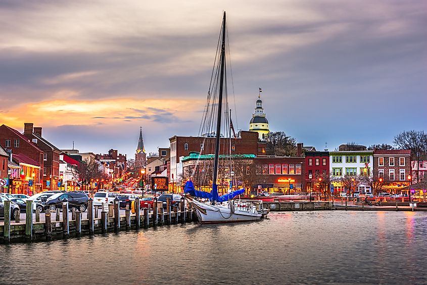 Annapolis, Maryland: View of Annapolis from Annapolis Harbor at dusk.