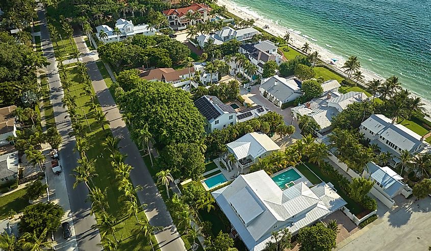View from above of large residential houses in island small town Boca Grande on Gasparilla Island in southwest Florida