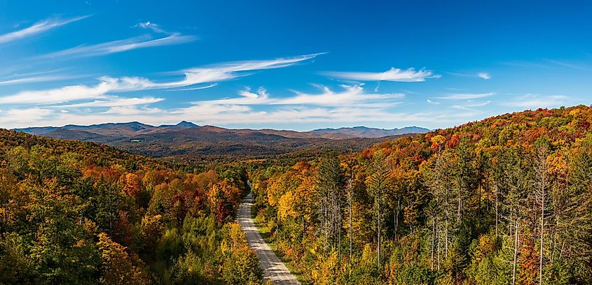 Aerial view of the Moretown Mountain road between Northfield and Moretown in Vermont during the fall.
