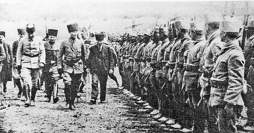 Mustafa Kemal Pasha inspects a military unit