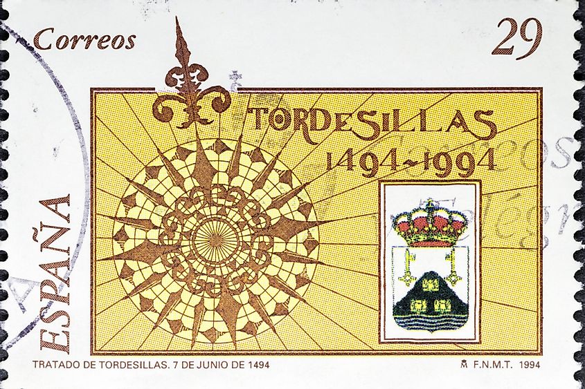 Vintage stamp printed in Spain shows 500th anniversary of Treaty of Tordesillas