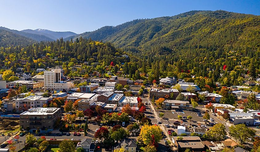 Aerial view of Ashland, Oregon in autumn
