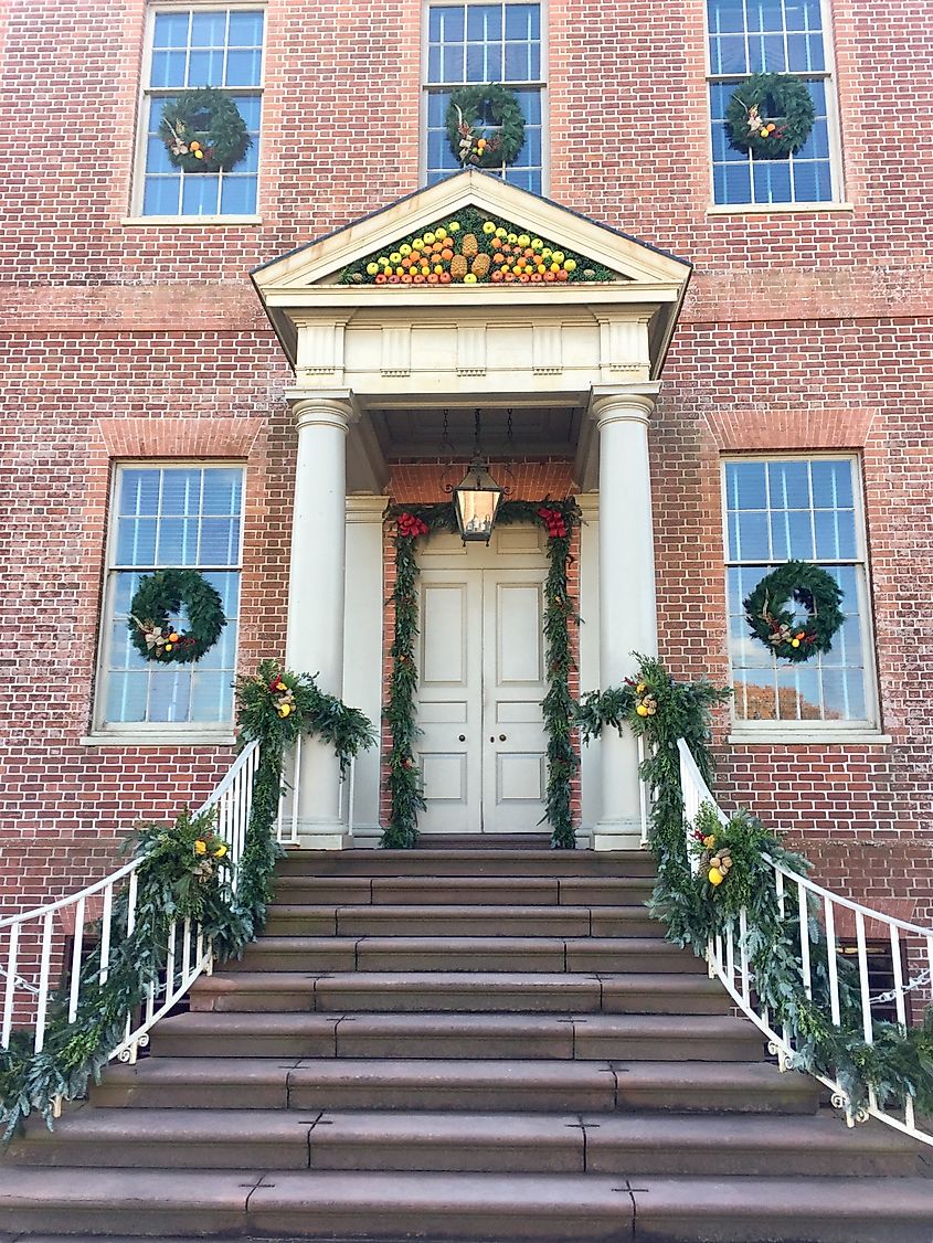 Traditional Christmas decorations on the door of Tryon Palace, in New Bern.