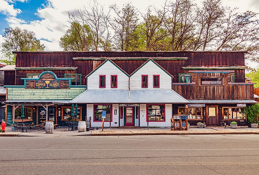 Historic buildings in the charming western town of Winthrop, Washington, USA, surrounded by scenic natural beauty.