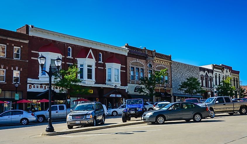 Downtown street in Monroe, Wisconsin. 