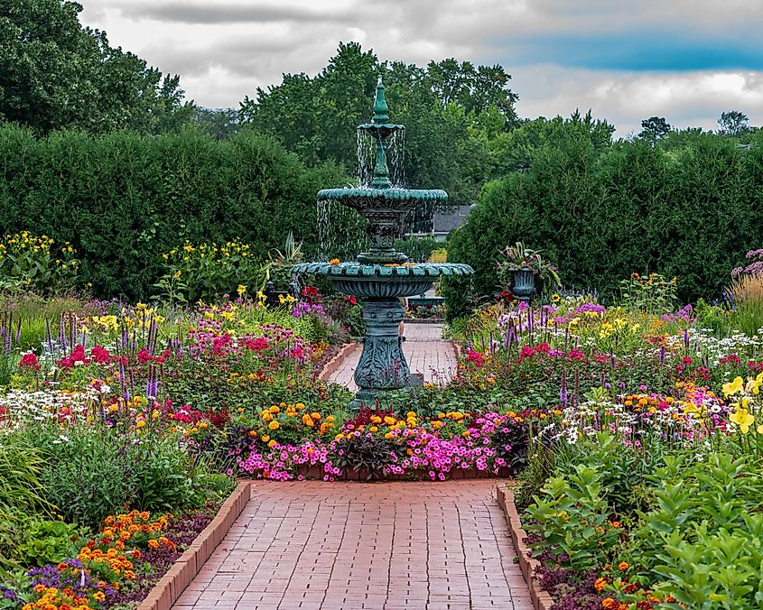 Fountain and Flowers in The Clemens Gardens in St. Cloud, Minnesota