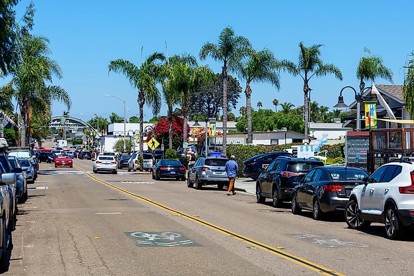 The downtown district of Solana Beach, California, with its iconic district arch. Editorial credit: Michael Vi / Shutterstock.com