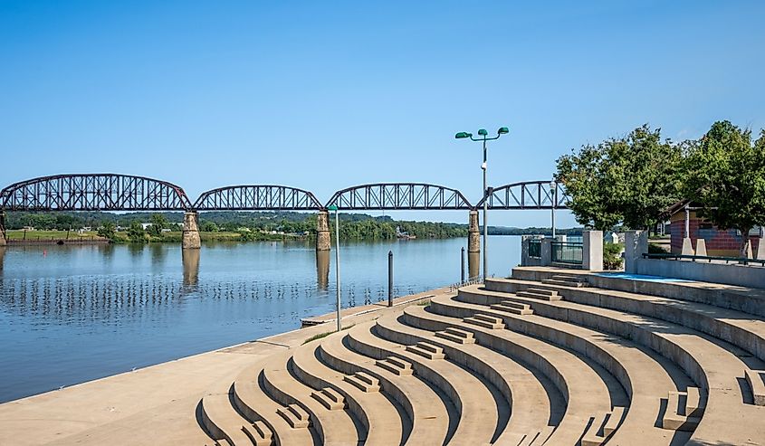 Point Pleasant, West Virginia Riverfront Amphitheater with the Point Pleasant-Kanauga Railroad Bridge over the Ohio River