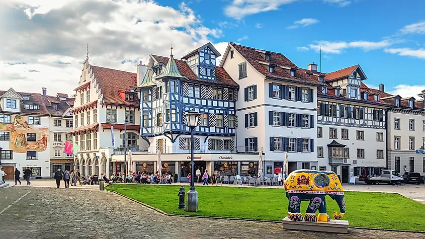 Gallusplatz square in the historic old town of St. Gallen, Switzerland.