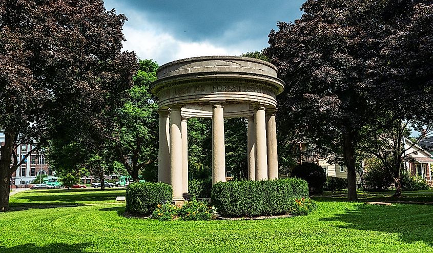 Corthouse Park in Cortland, New York with blue skies