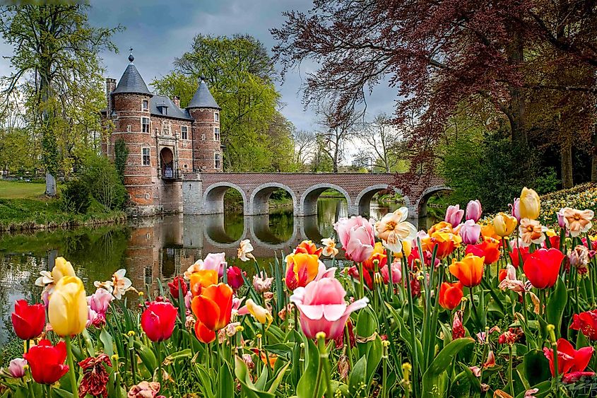 Tulips in front of the castle of Grand-Bigard in Dilbeek (Belgium). Image used under license from Shutterstock.com.