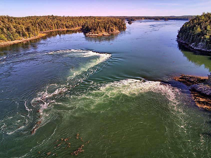 Aerial view of Reversing Falls in Maine.