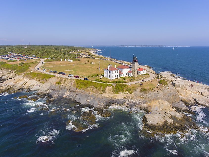 Aerial view of the Beavertail Lighthouse in the Beavertail State Park, Rhode Island.