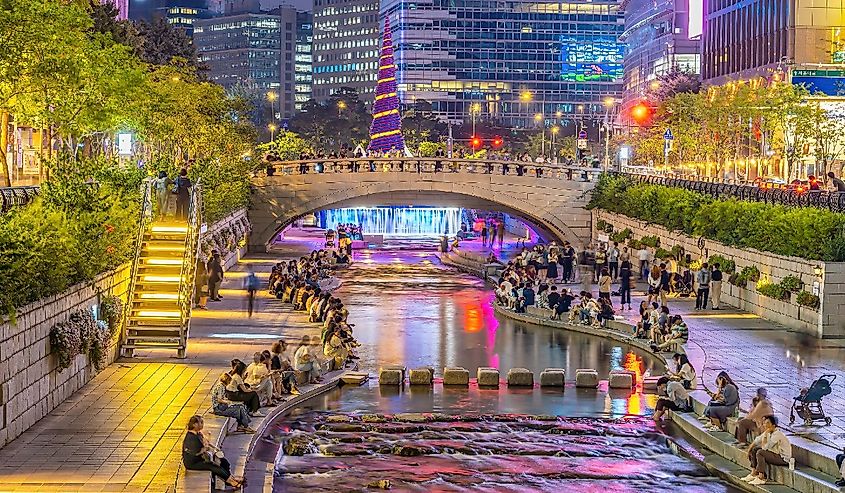 Cheonggyecheon, a modern public recreation space in downtown Seoul, South Korea