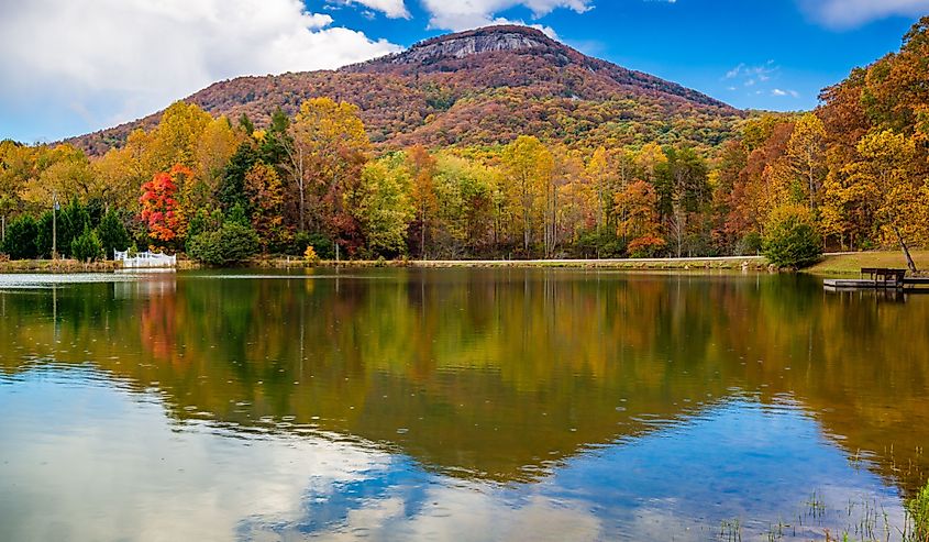 Yonah Mountain, Georgia, USA autumn landscape and lake.