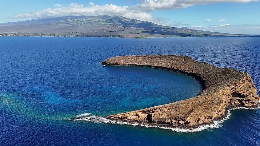 Editorial Photo Credit: shanewazhere via Shutterstock. molokini crater in maui hawaii and west side
