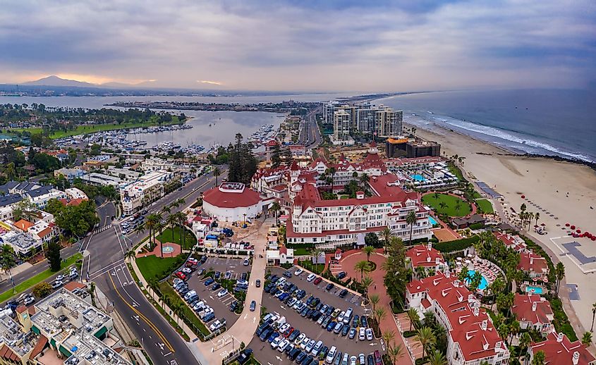 Aerial panorama of Hotel del Coronado and other buildings in Coronado, California