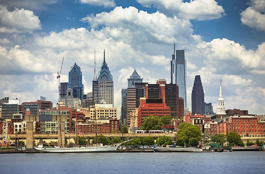 The city of Philadelphia along the banks of the Delaware River