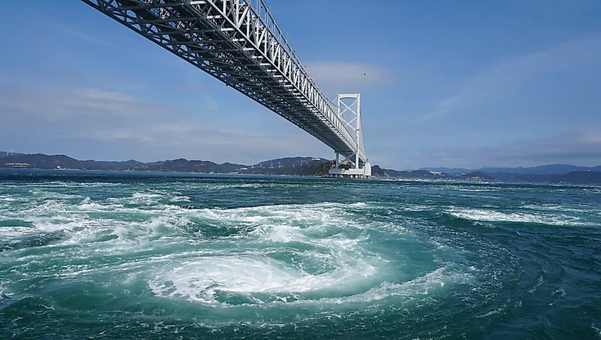 The Naruto whirlpools forming in the Naruto Strait between Naruto in Tokushima Prefecture and Awaji Island in Hyōgo Prefecture, Japan.