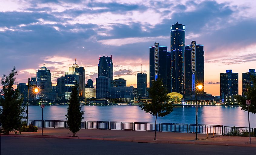 The downtown skyline of Detroit, Michigan, along the Detroit River.