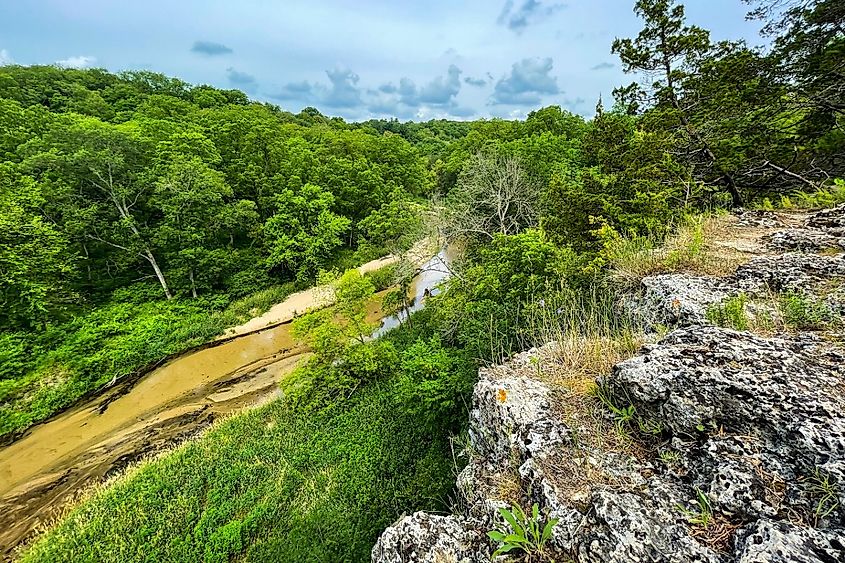 View of the Maquoketa River from a cliff in Backbone State Park, Iowa