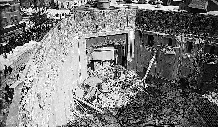 Interior of Knickerbocker Theatre, Washington, DC, following roof collapse on January 28, 1922