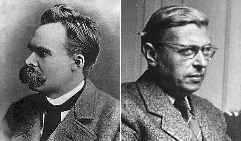 Black and white of Friedrich Nietzsche and Jean-Paul Sartre