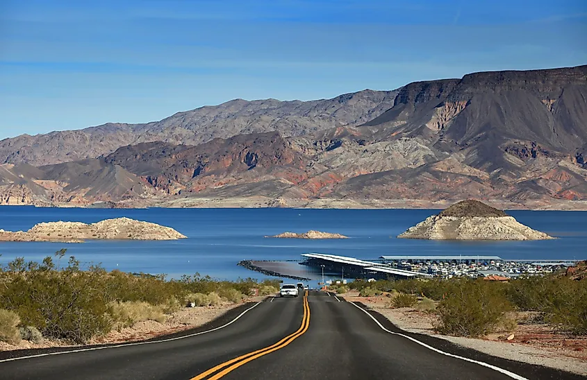 Lake Mead behind Hoover Dam with the pale bathtub ring marking former water levels.