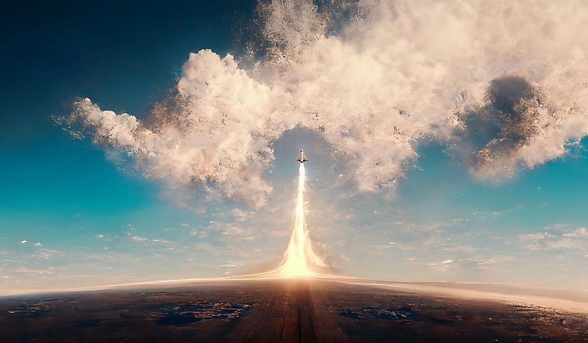 Space shuttle liftoff into sky, view from distance. 