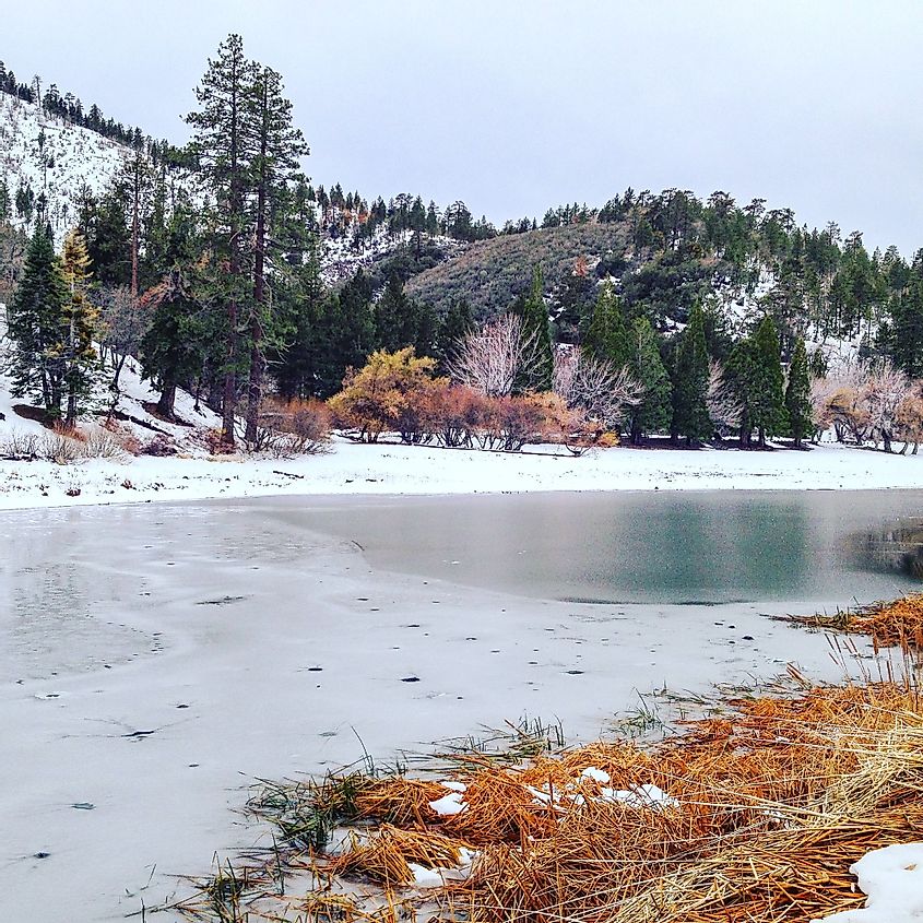 A frozen Jackson Lake in Wrightwood, California