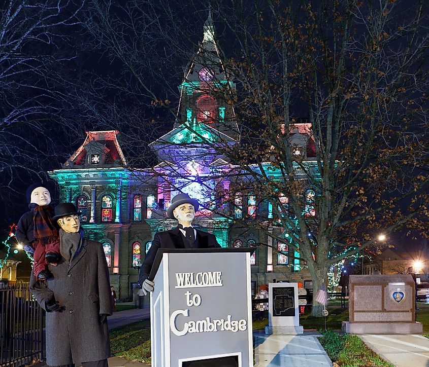 Christmas lighting on the old Court House building in Cambridge Ohio