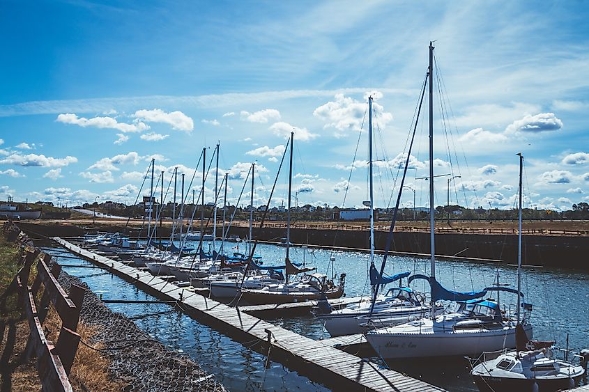 Matane, Canada-09 August 2017 : Matane yacht club marina view at summer. Matane is a town on the Gaspe Peninsula in Quebec, Canada, on the south shore of the Saint Lawrence River