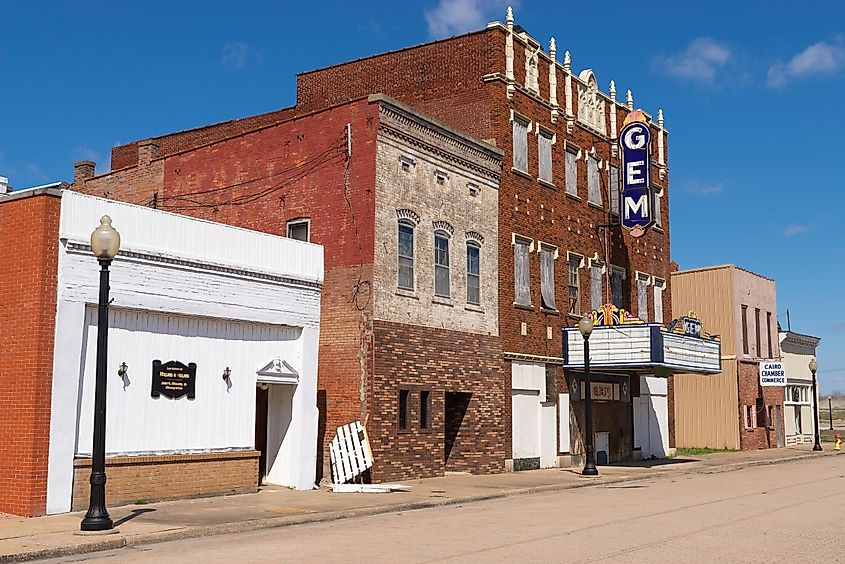 Old abandoned buildings and storefronts in Cairo, Illinois