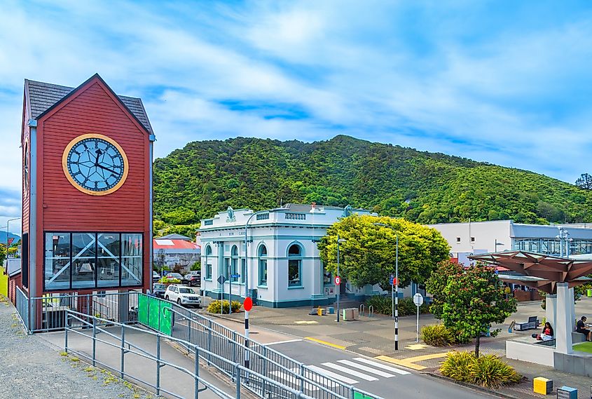 Clocktower in Greymouth, New Zealand. Editorial credit: Stargrass / Shutterstock.com