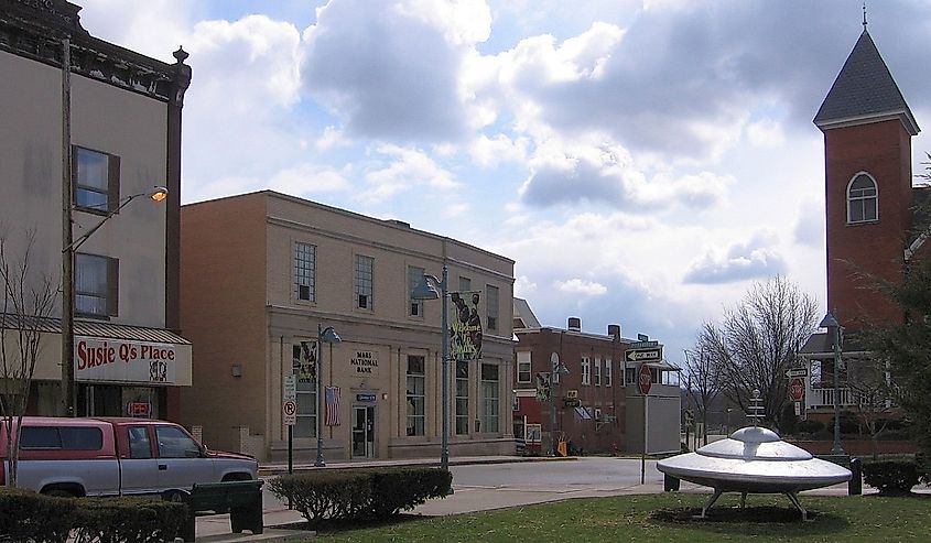 Downtown Mars, Pennsylvania with the Flying Saucer in the foreground.