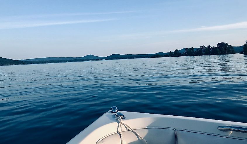 Looking across the front of a boat on Greer’s Ferry Lake, Fairfield Bay Arkansas