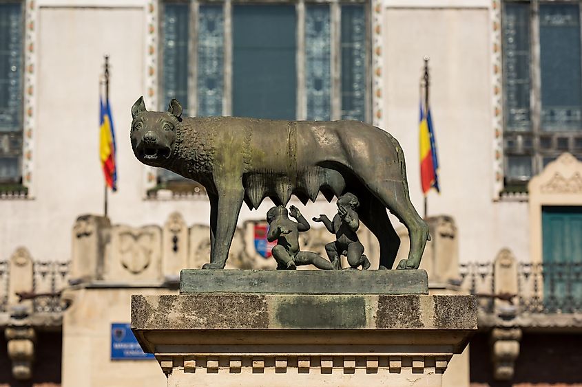 Targu Mures, Romania - Statue of Romulus and Remus in front of the County Council Building.