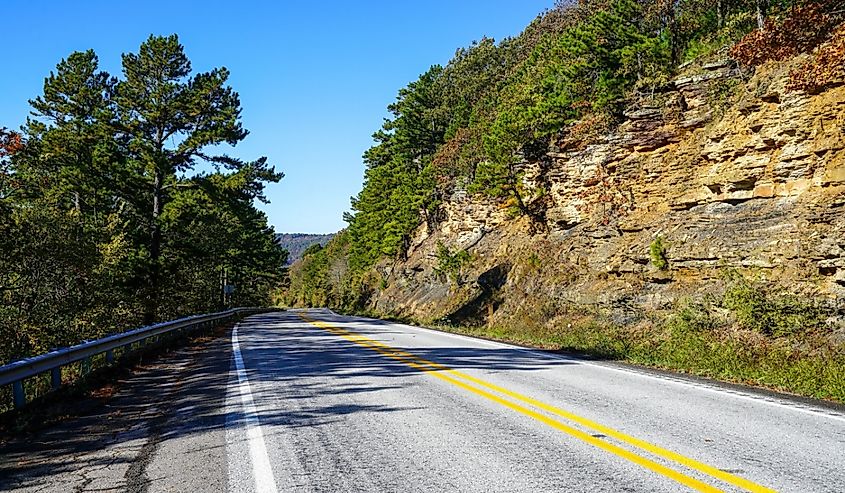 View of the road along Scenic Byway 7 in Arkansas